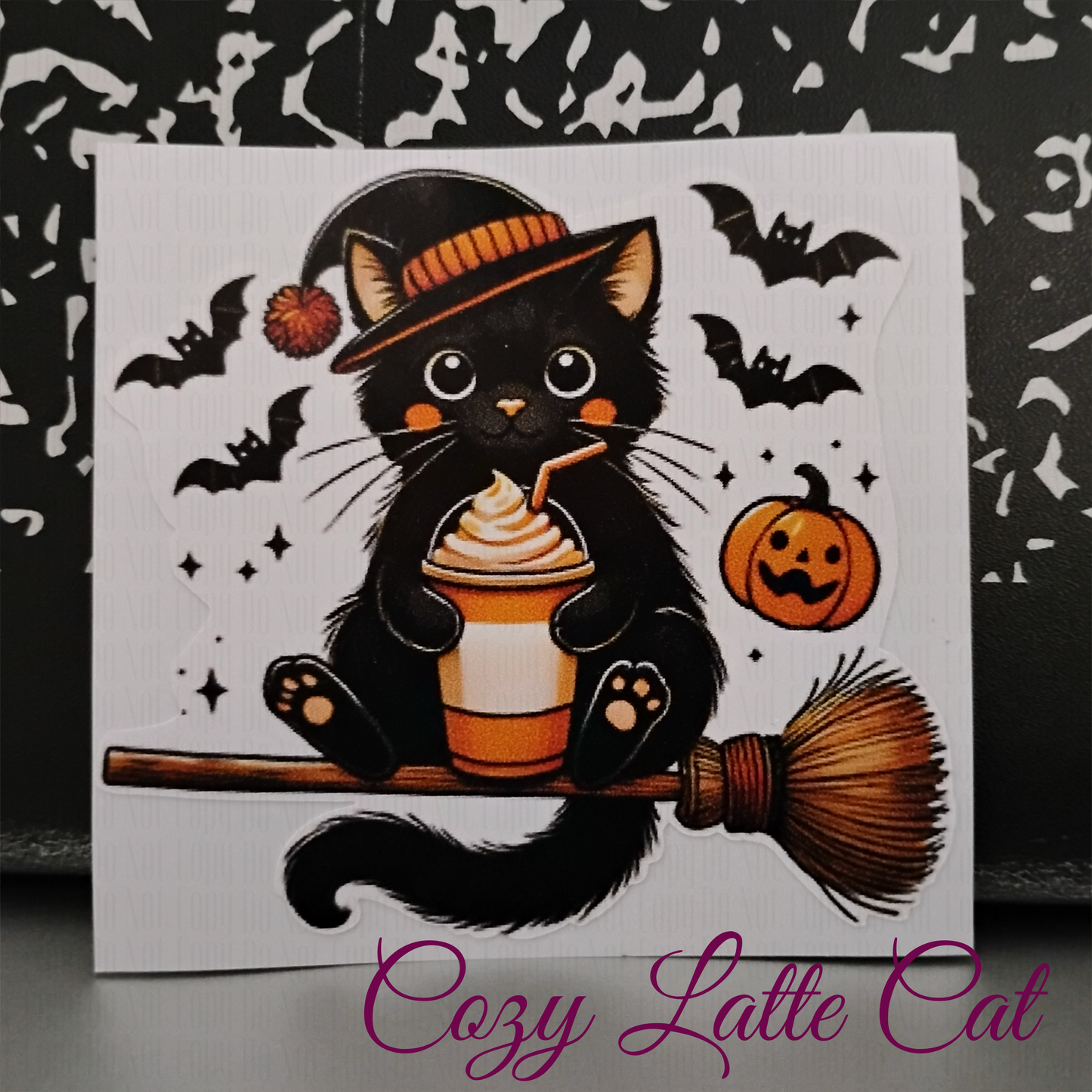 black cat with latte surrounded by bats - Halloween sticker