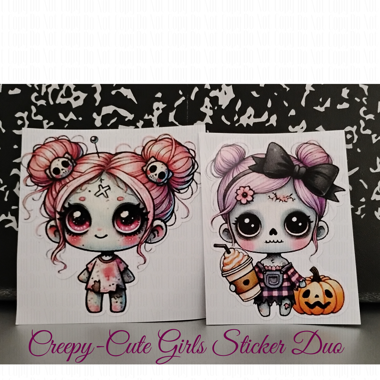 Creepy Cute Zombie Girl Sticker duo- pastel goth zombie characters with pumpkins, skulls, and spooky vibes