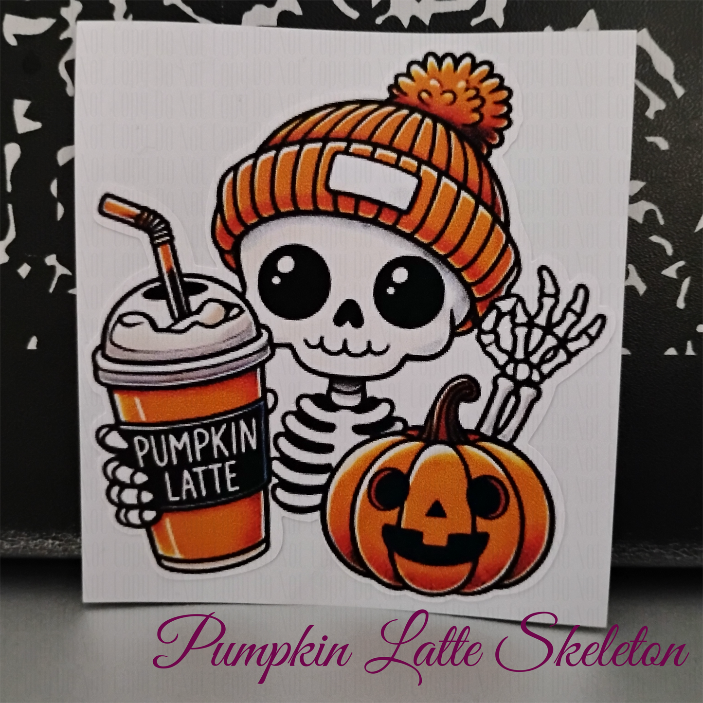 skeleton in cozy hat holding pumpkin latte and jack o lantern- spooky cute sticker