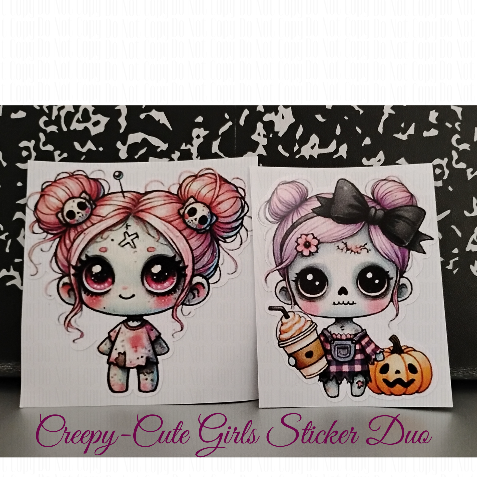 Creepy Cute Zombie Girl Sticker duo- pastel goth zombie characters with pumpkins, skulls, and spooky vibes