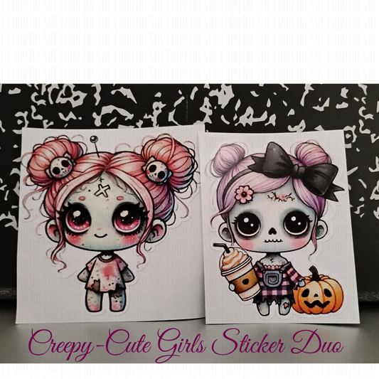 Creepy Cute Zombie Girl Sticker duo- pastel goth zombie characters with pumpkins, skulls, and spooky vibes