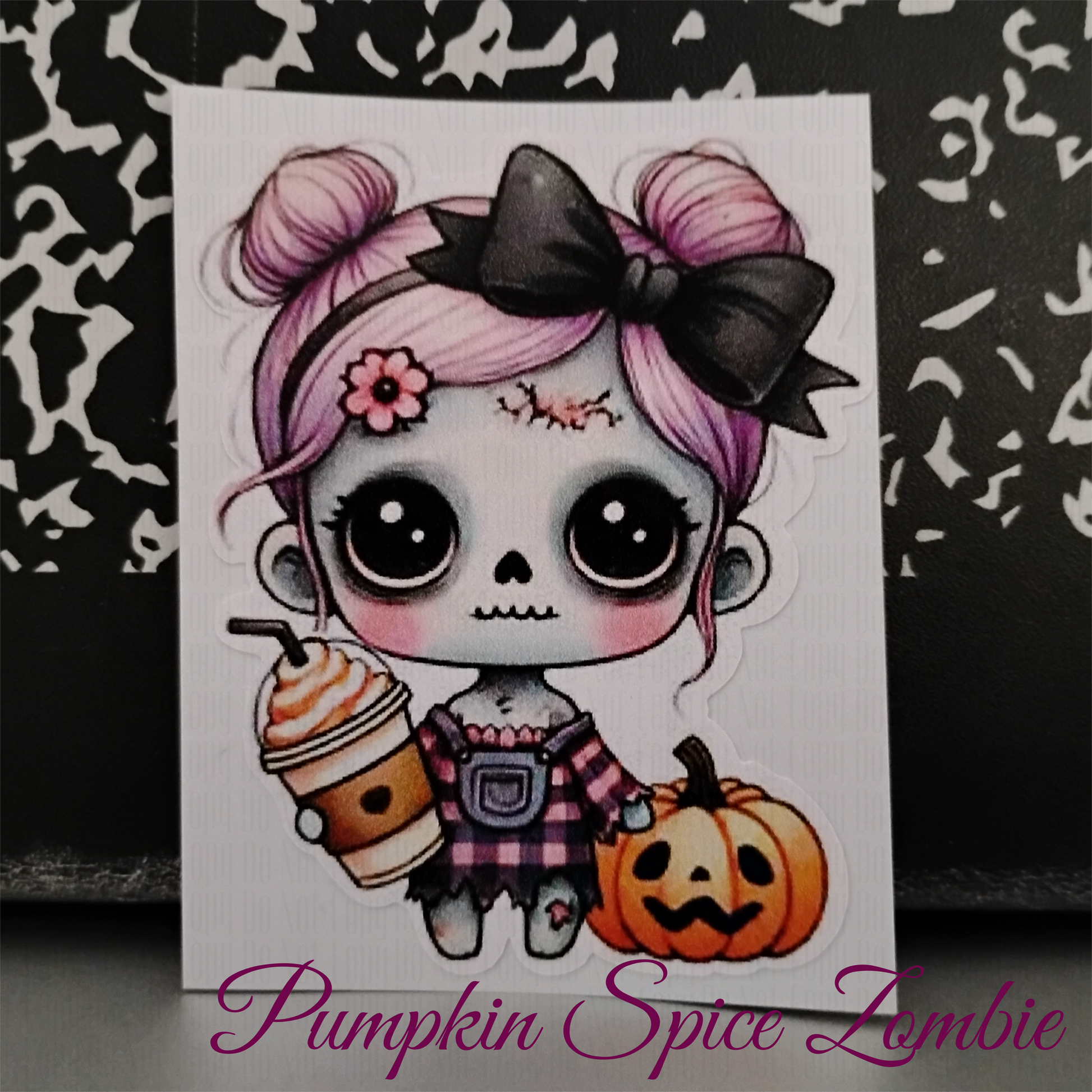 Pumpkin Spice Zombie Girl Sticker - lavender hair, big black bow, holding pumpkin and spooky latte, pastel goth style. 