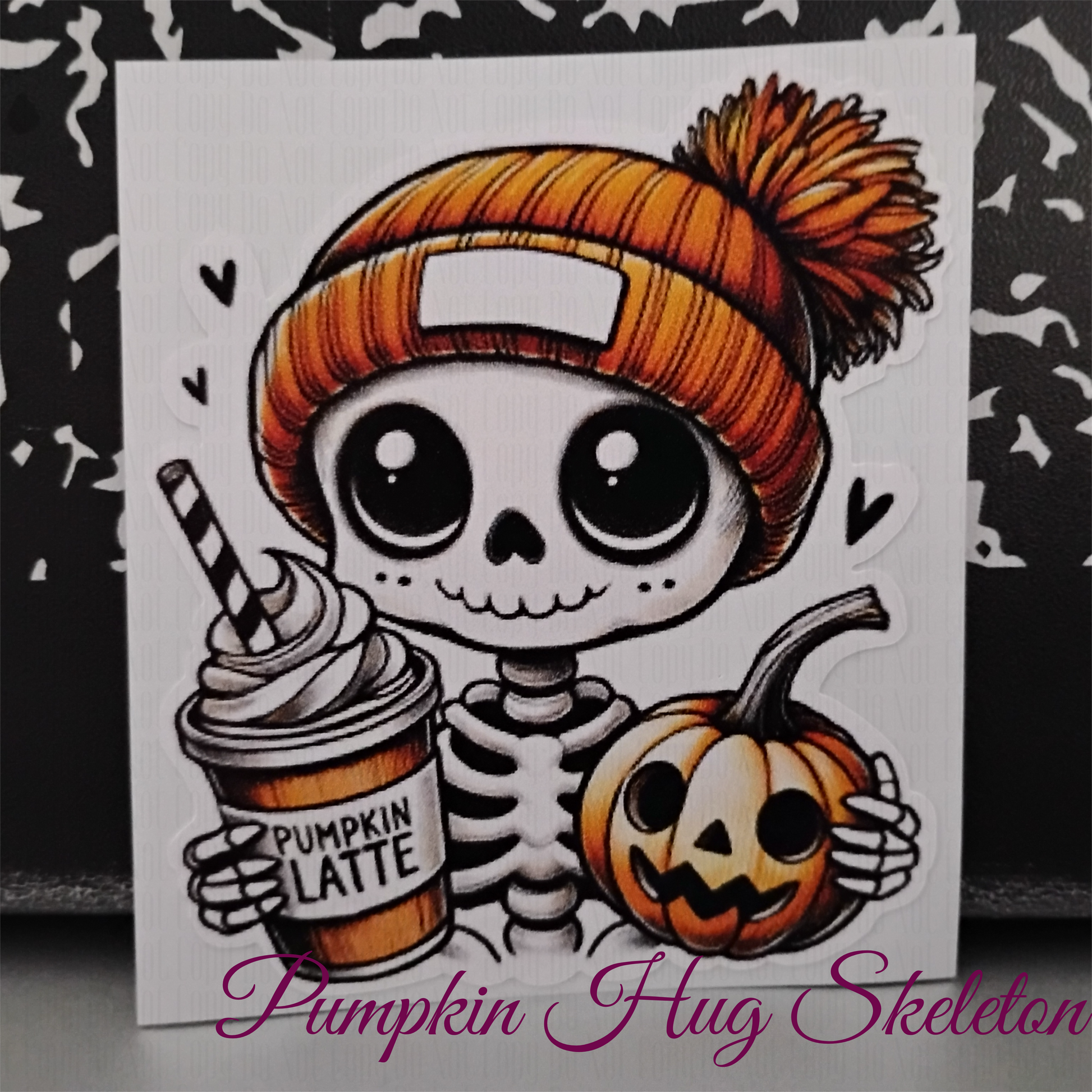 cute skeleton hugging pumpkin and sipping latte - creepy cute Halloween sticker