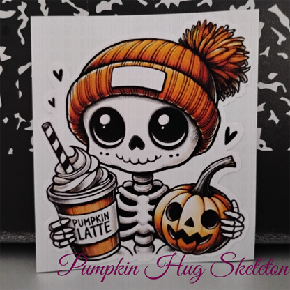 cute skeleton hugging pumpkin and sipping latte - creepy cute Halloween sticker