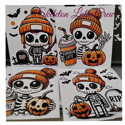 cozy spooky skeleton with pumpkins and lattes