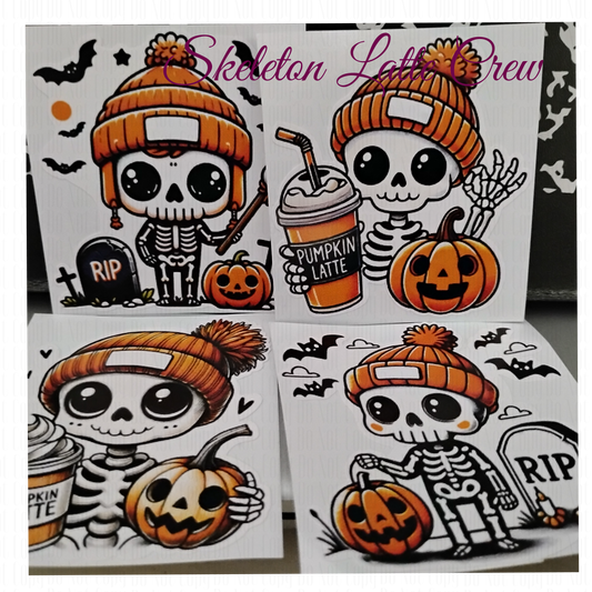 cozy spooky skeleton with pumpkins and lattes