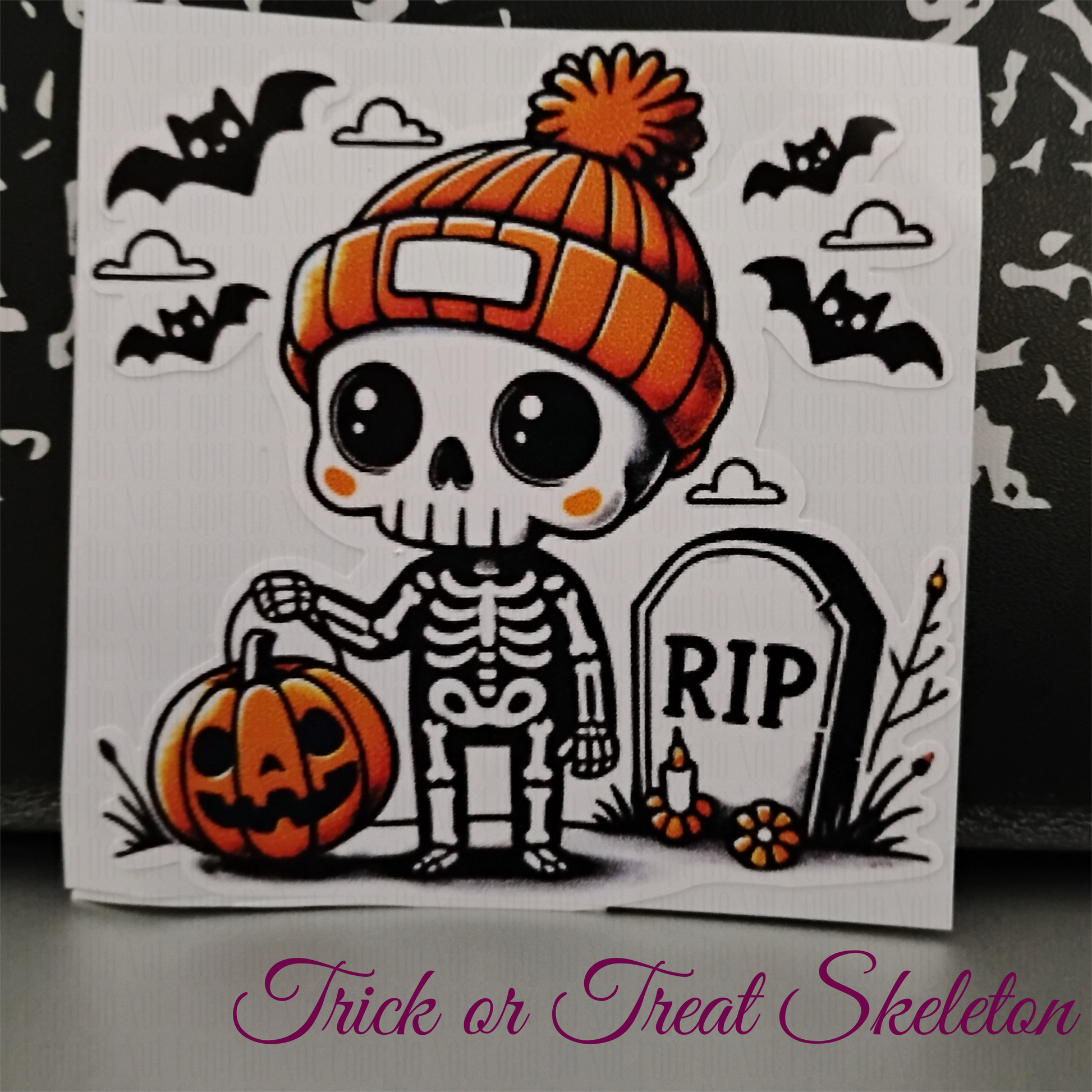 skeleton with pumpkin bucket, bats and gravestone - halloween vinyl sticker