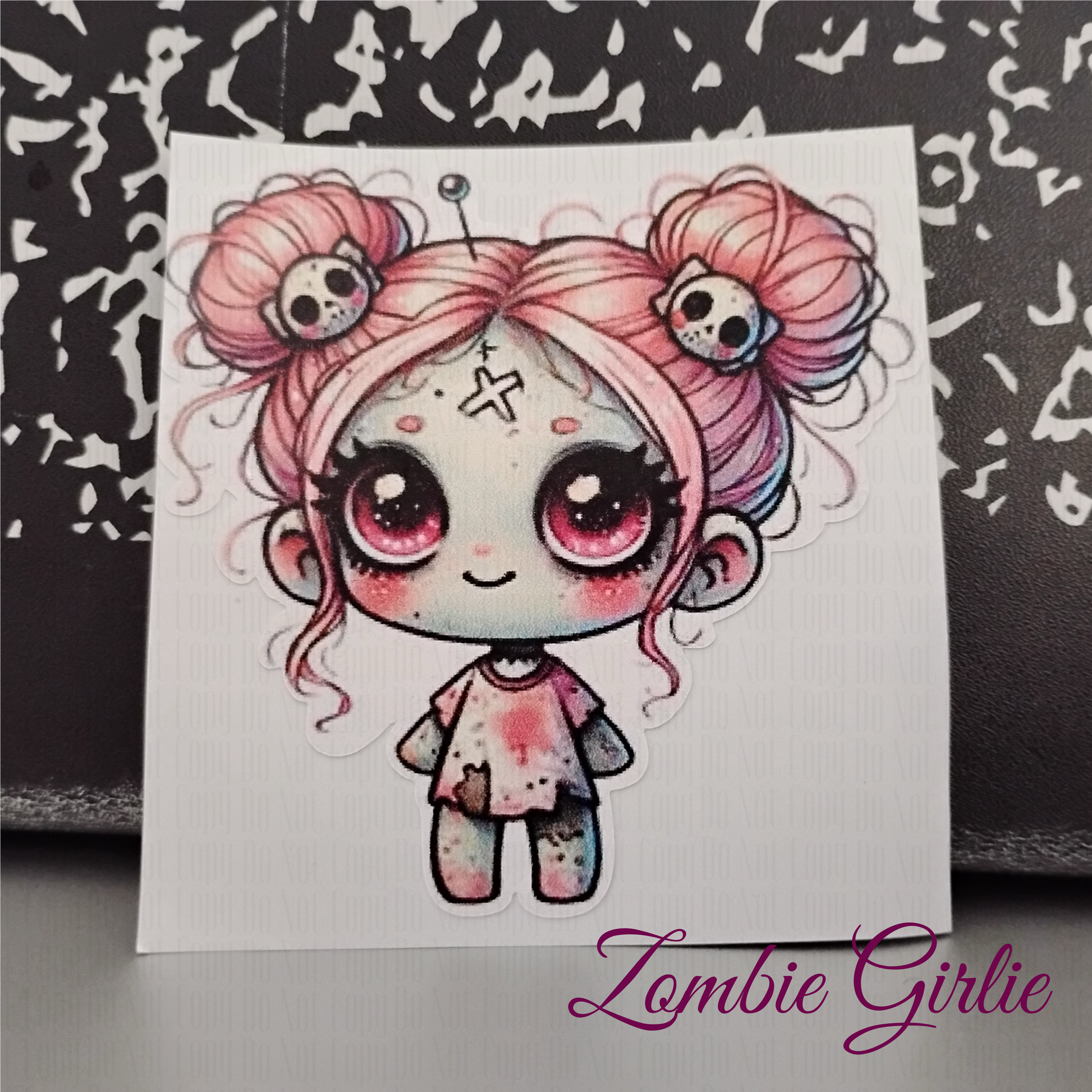 Zombie GIrlie pastel goth sticker - pink hair space buns with skull clips, wide eyed creepy cute design